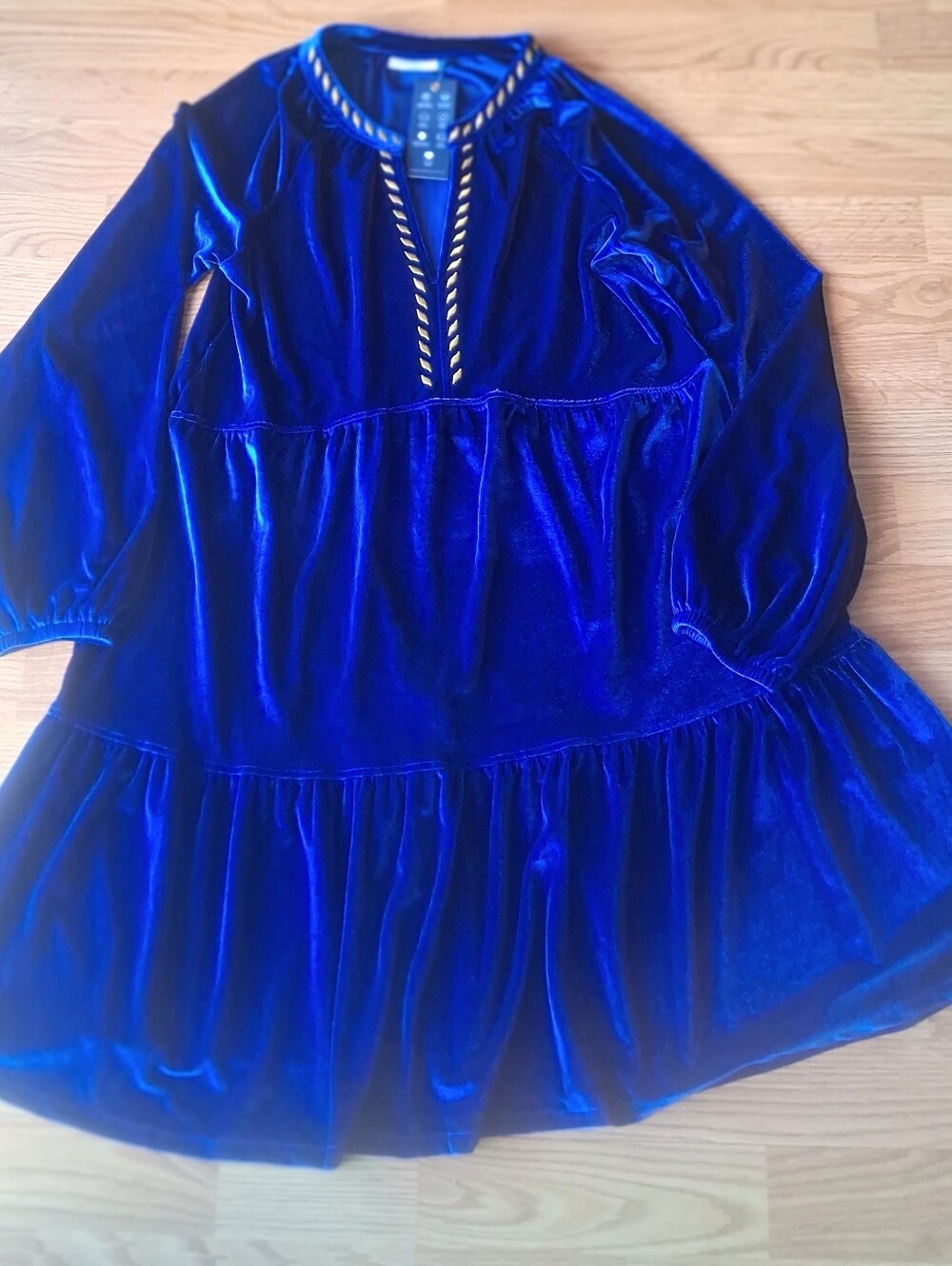 NWT Ladies Dress, Royal Blue  Velvet, Gold Sparkle Trim, Sz S,